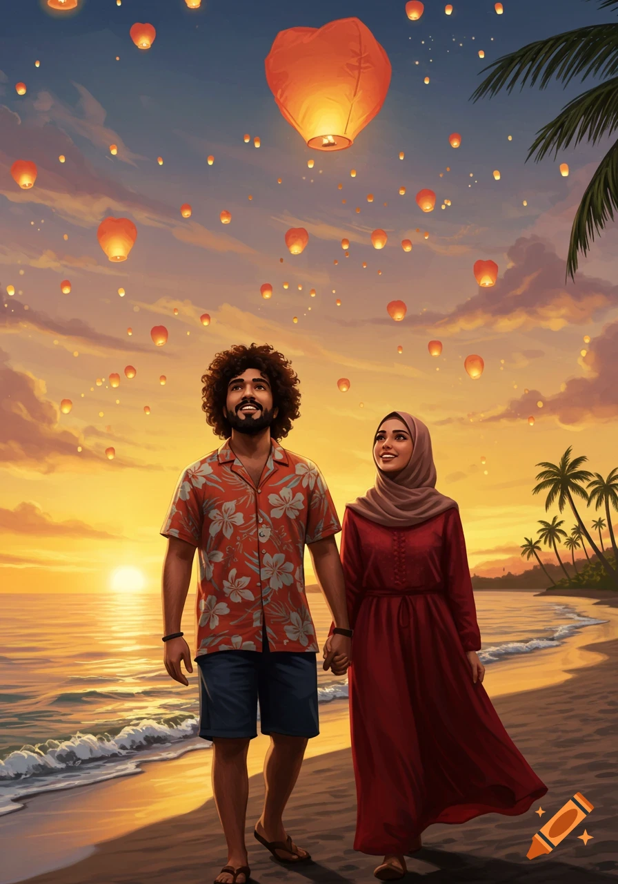 A young Desi couple walks hand-in-hand on a beach at sunset, looking up at many sky lanterns.