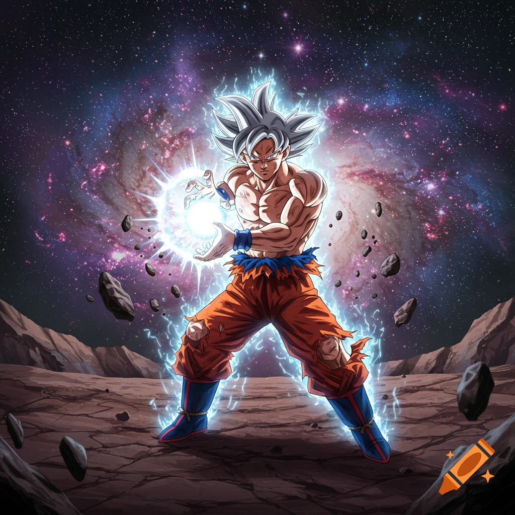 Goku from Dragon Ball in his Ultra Instinct form, powering up with a bright energy ball against a cosmic galaxy background.