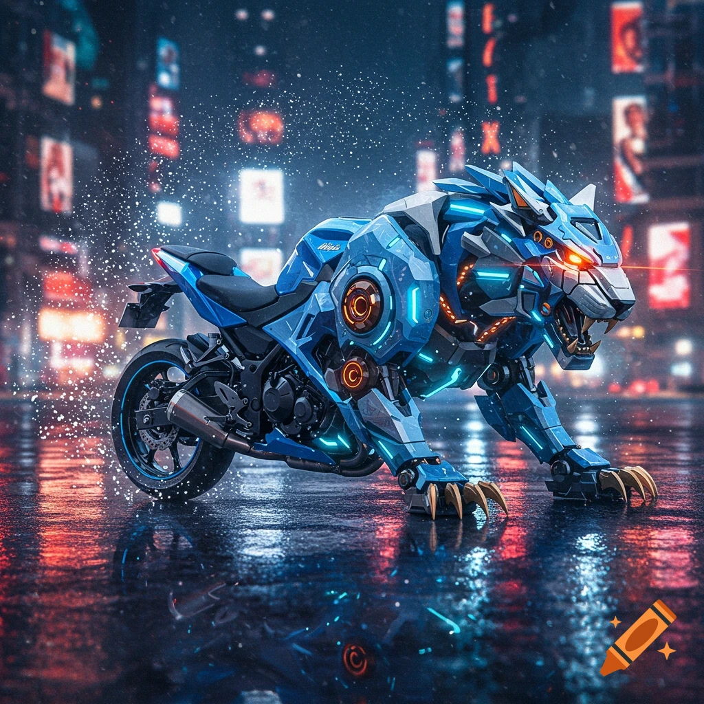 A blue futuristic motorcycle combined with a mechanical tiger, with glowing orange and blue accents, stands on a wet street in a rainy city at night.