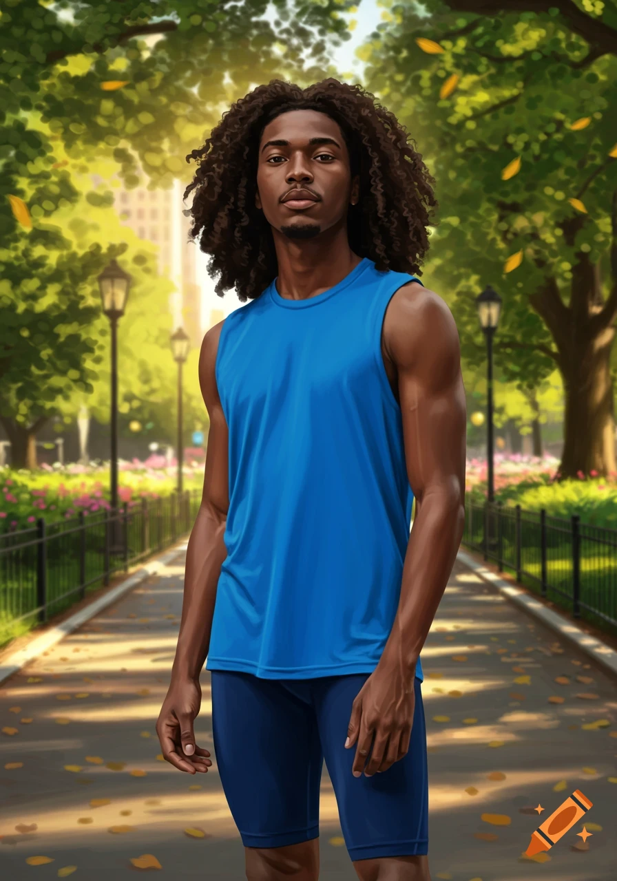 A young man with long curly hair wears a blue tank top and shorts, standing on a park path lined with trees and lampposts.