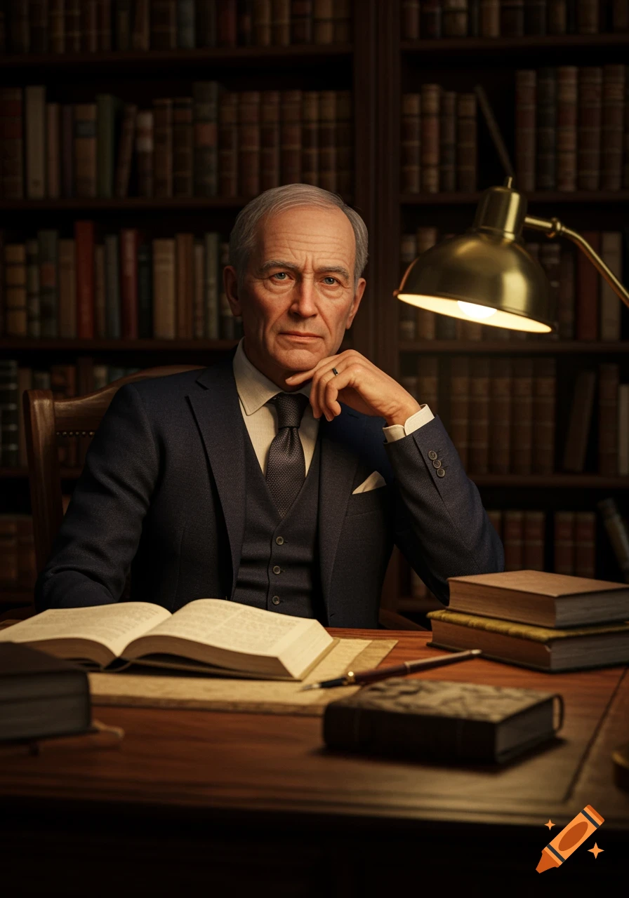 A photorealistic portrait of an older man in a suit, sitting at a wooden desk with an open book and lamp in a library.