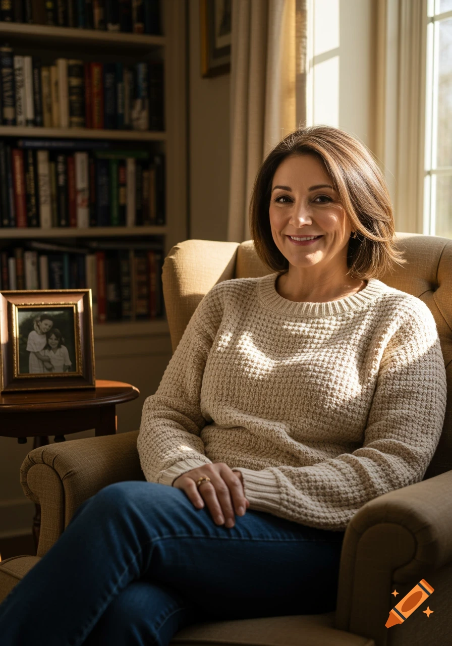 A smiling woman with short brown hair sits in an armchair in a sunlit room, with a bookshelf and a framed photo in the background.