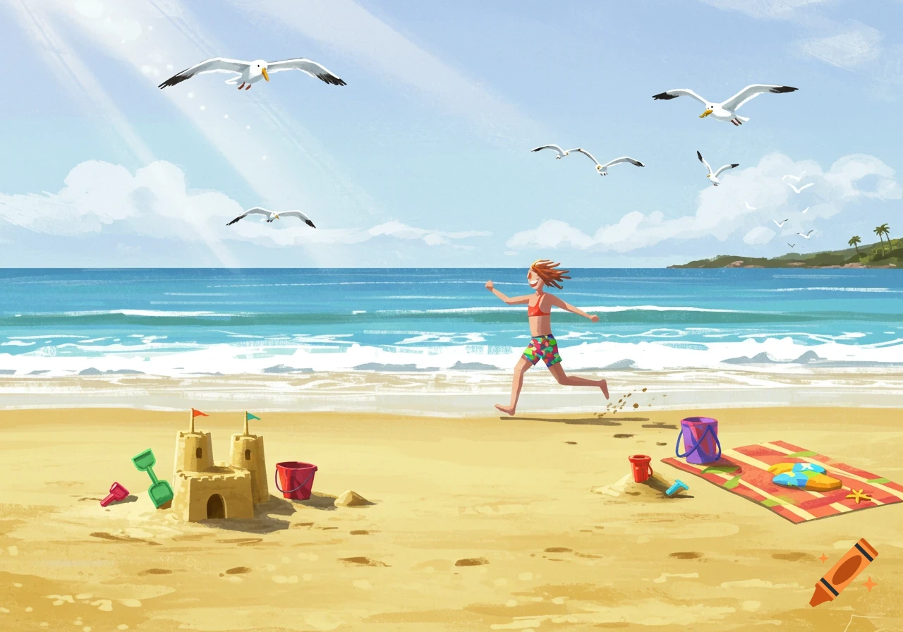 A cartoon illustration of a child running on a sandy beach with a sandcastle, buckets, and seagulls flying overhead.