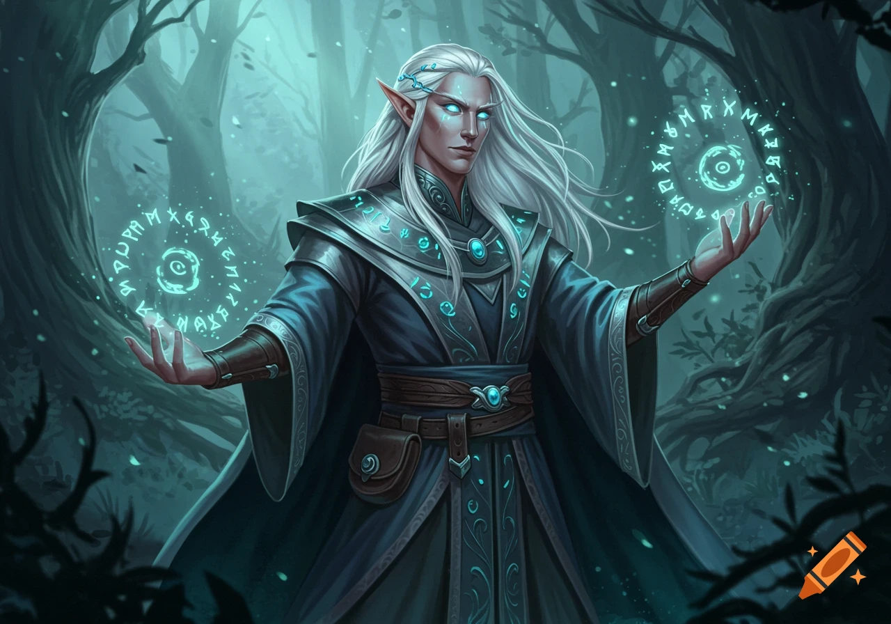 A white-haired elf sorcerer with glowing blue eyes casts spells with runes in a dark fantasy forest.
