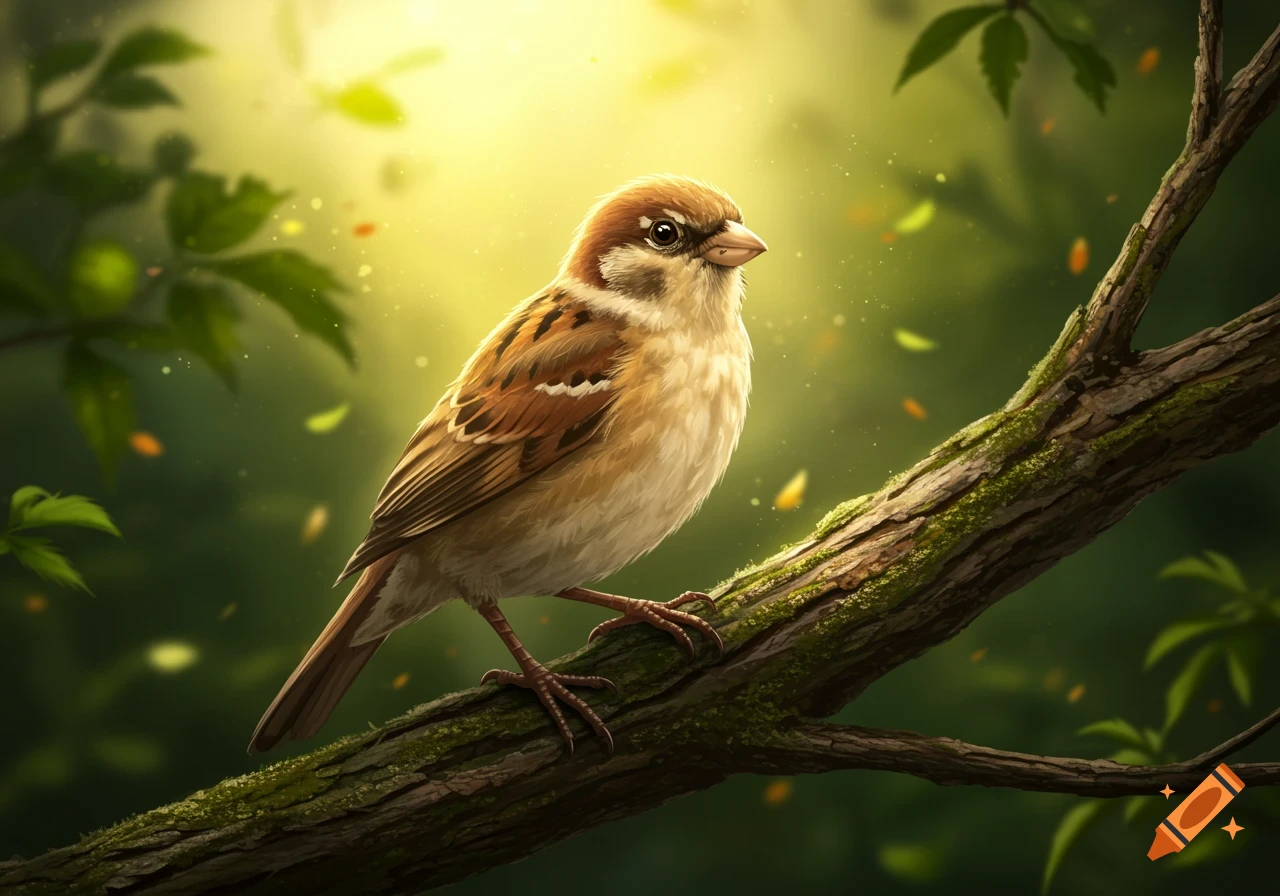 A detailed illustration of a brown and white sparrow perched on a mossy tree branch, with a bright, luminous green forest background.