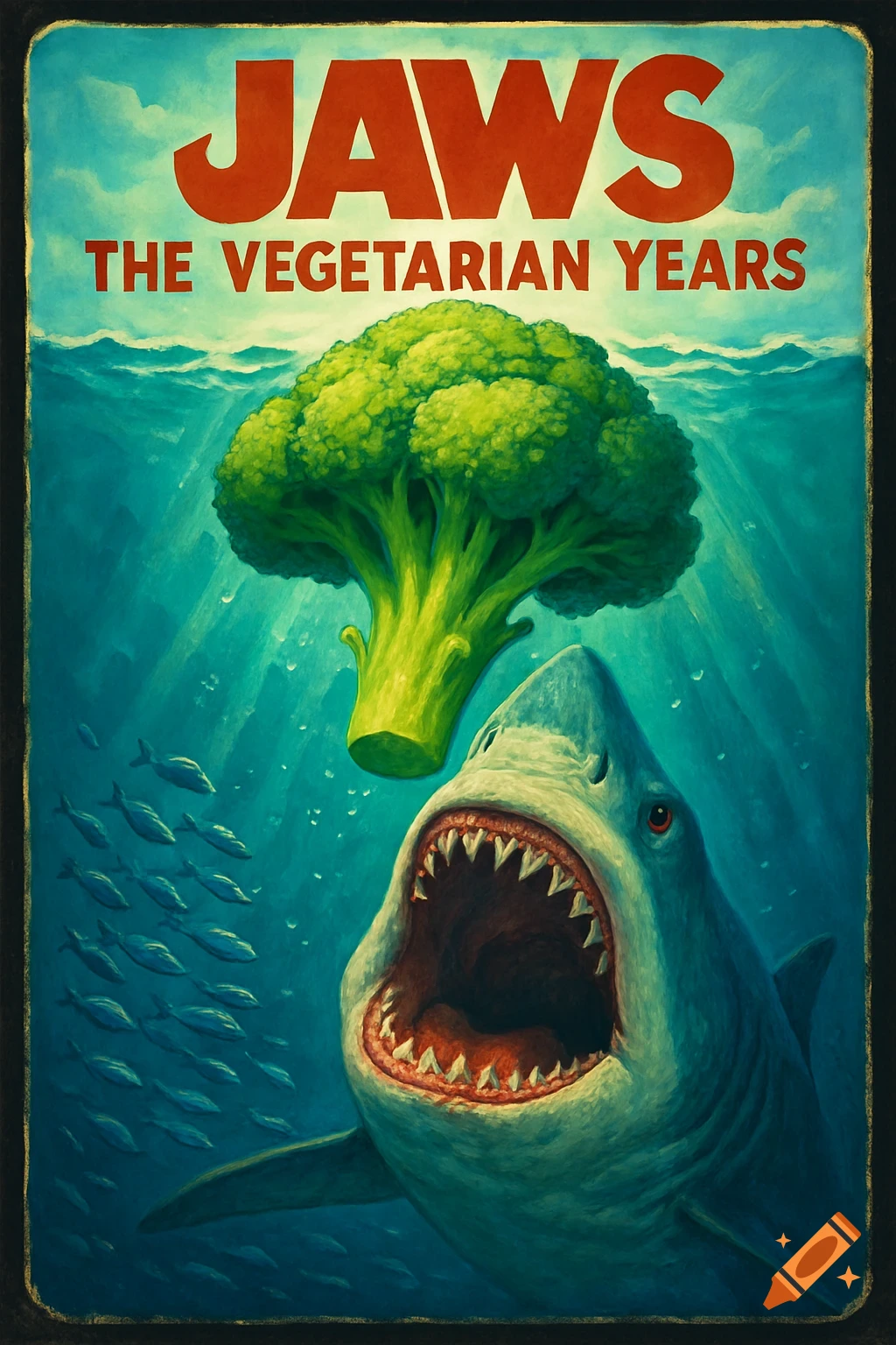 Movie poster for 'Jaws - The Vegetarian Years' showing a shark about to eat a giant broccoli underwater, in an illustrative style.