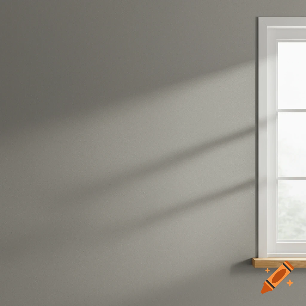A light gray wall illuminated by sunlight, casting diagonal shadows, next to a white window frame with a natural wood sill.