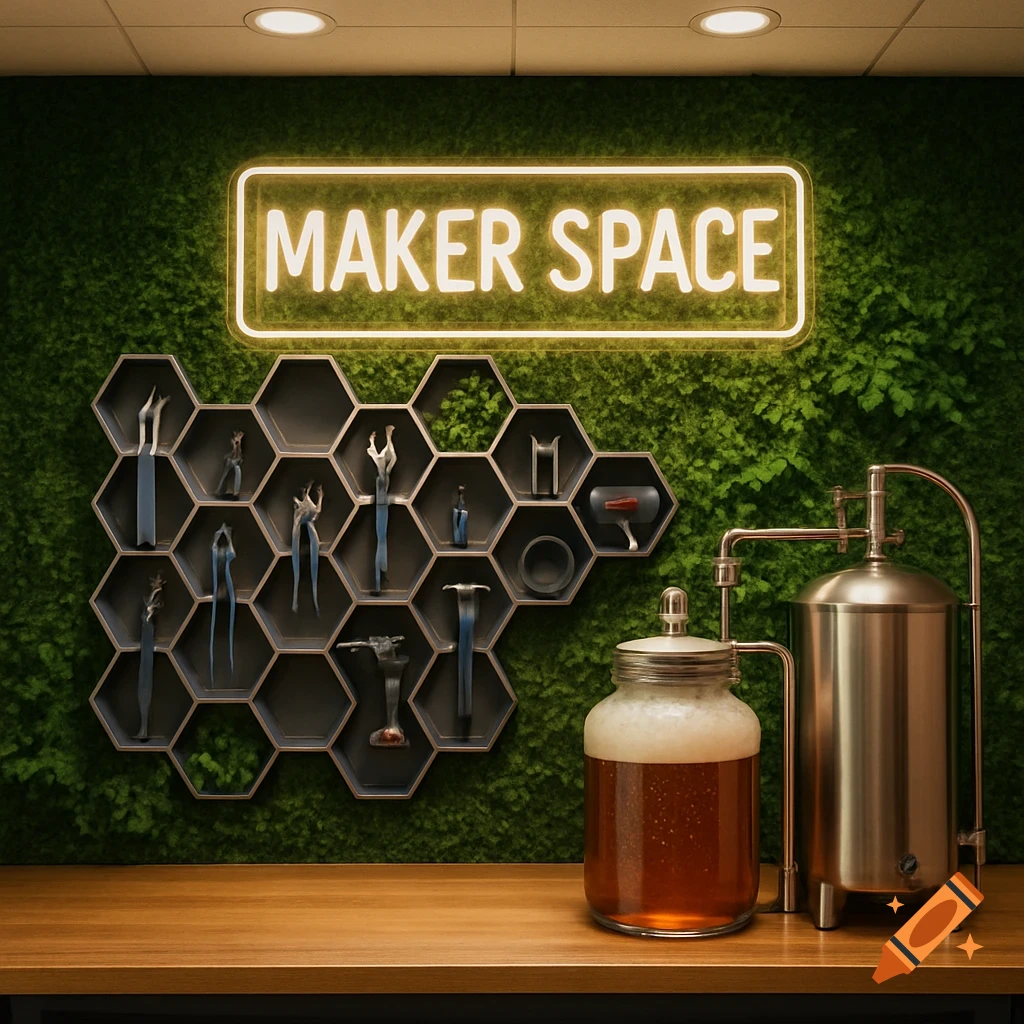 Photorealistic maker space with a 'MAKER SPACE' neon sign on a grass wall, honeycomb tool shelf, and beer brewing kit on a wooden counter.