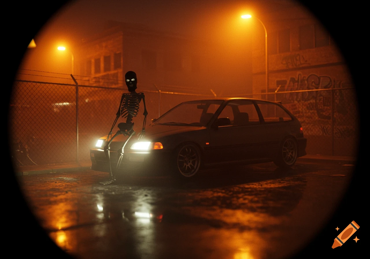 A black skeleton in a ski mask leans on a dark Honda Civic hatchback at night, lit by orange streetlights and headlights on wet asphalt in a gritty, distorted, video game style.