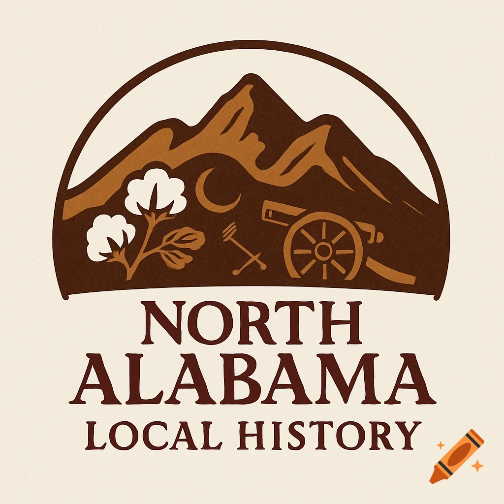 A vintage-style logo featuring brown mountains, cotton plants, a crescent moon, a crossed hammer and pick, and a cannon, with the text 'NORTH ALABAMA LOCAL HISTORY' below.
