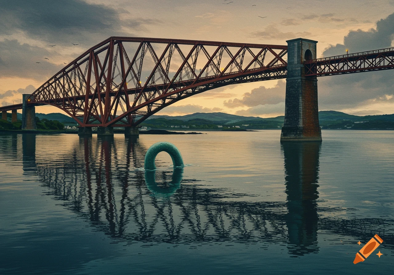 A large red truss bridge spans a calm body of water, with a green Loch Ness Monster emerging from the surface under a cloudy sky.