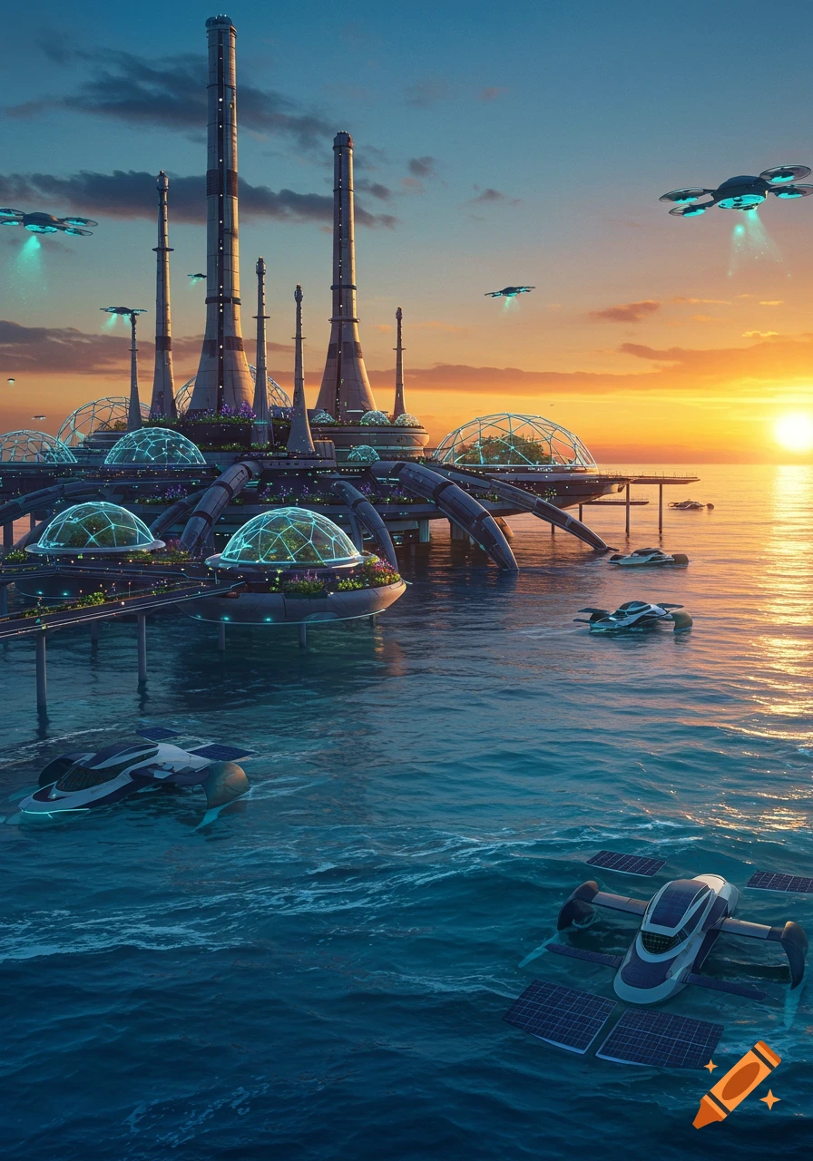A sprawling futuristic city built on the ocean with tall towers, domed structures, and sleek flying vehicles at sunset.