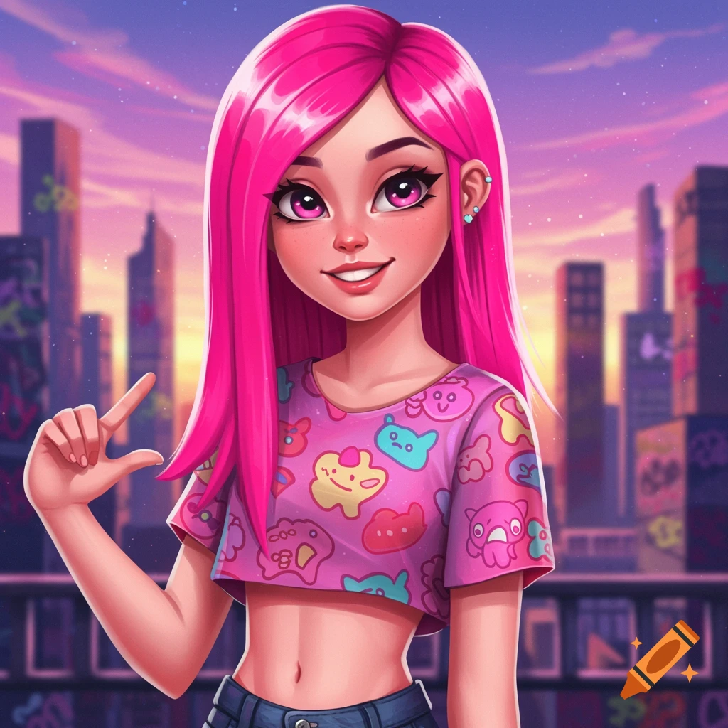 A vibrant cartoon girl with long pink hair smiles and makes a peace sign in front of a city skyline at sunset. She wears a pink crop top with colorful patterns.