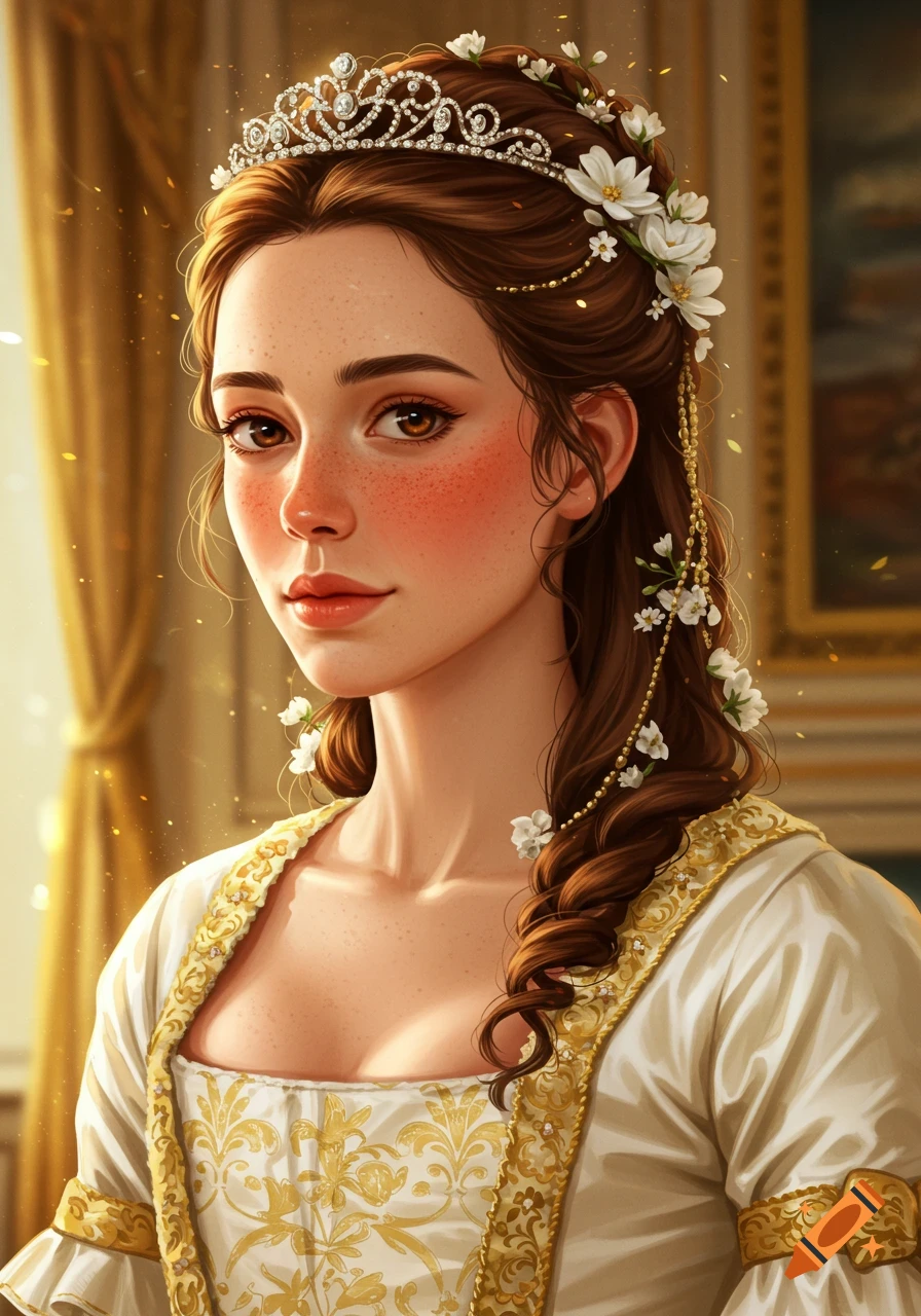 A young woman in an ornate 18th-century white and gold gown, wearing a diadem and flowers in her brown hair.