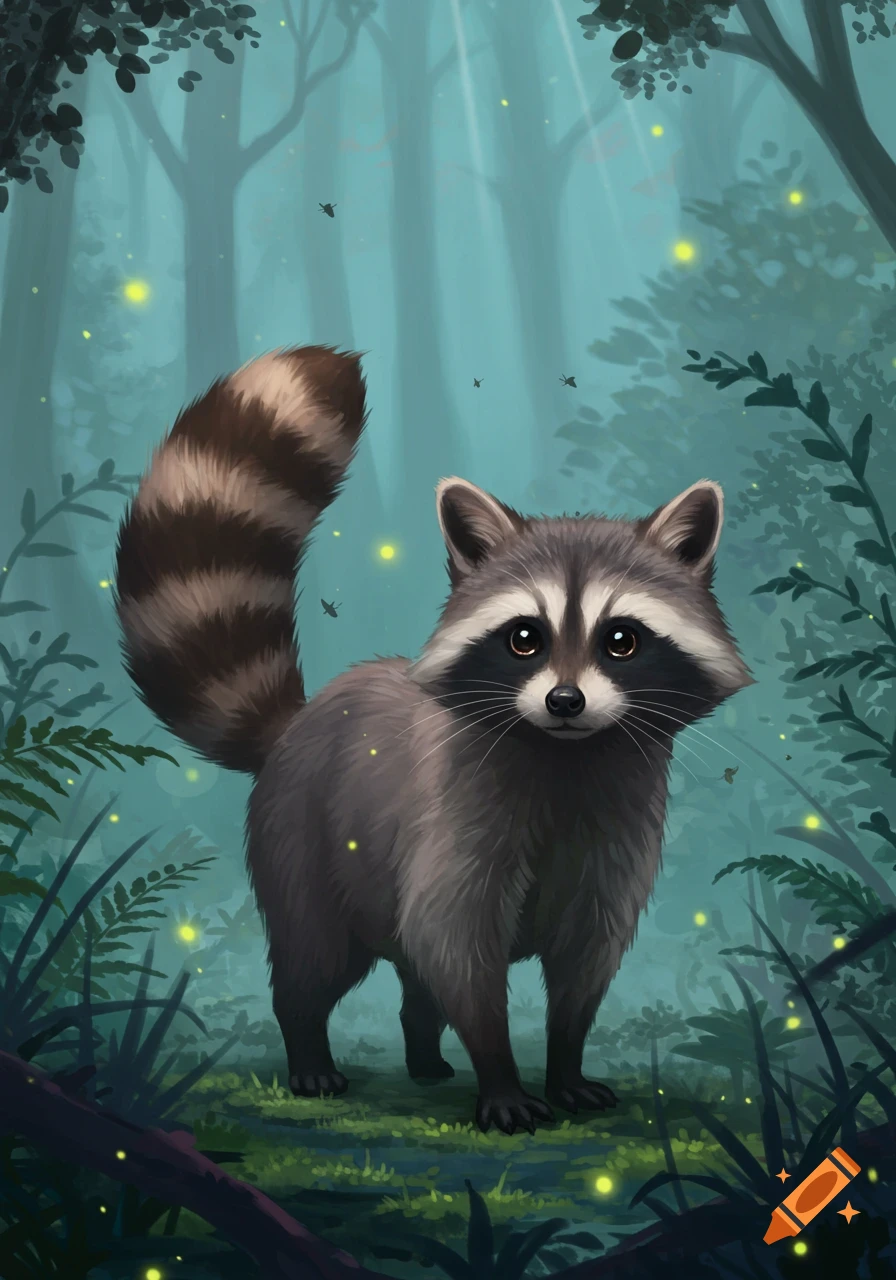 A cute raccoon with dark mask-like markings and a striped tail stands in a mystical, foggy forest with glowing fireflies.