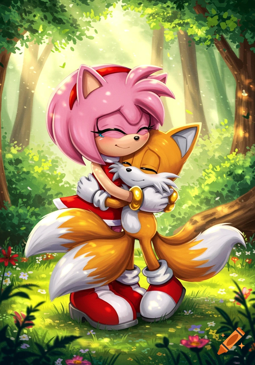 Amy Rose and Tails from Sonic the Hedgehog hug affectionately in a sunny green forest, anime style.