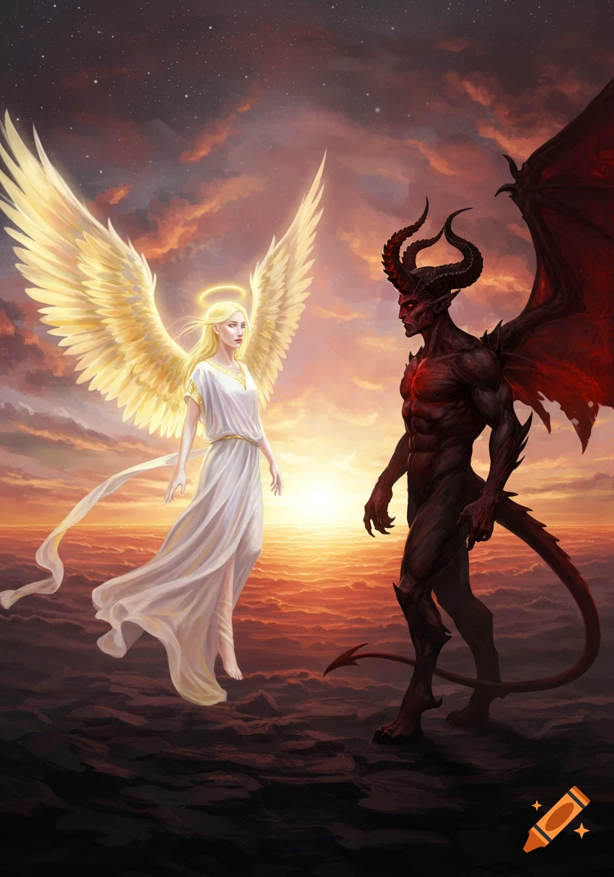 An angel with golden wings and a demon with red wings face each other at sunset over a cloudscape, digital art.
