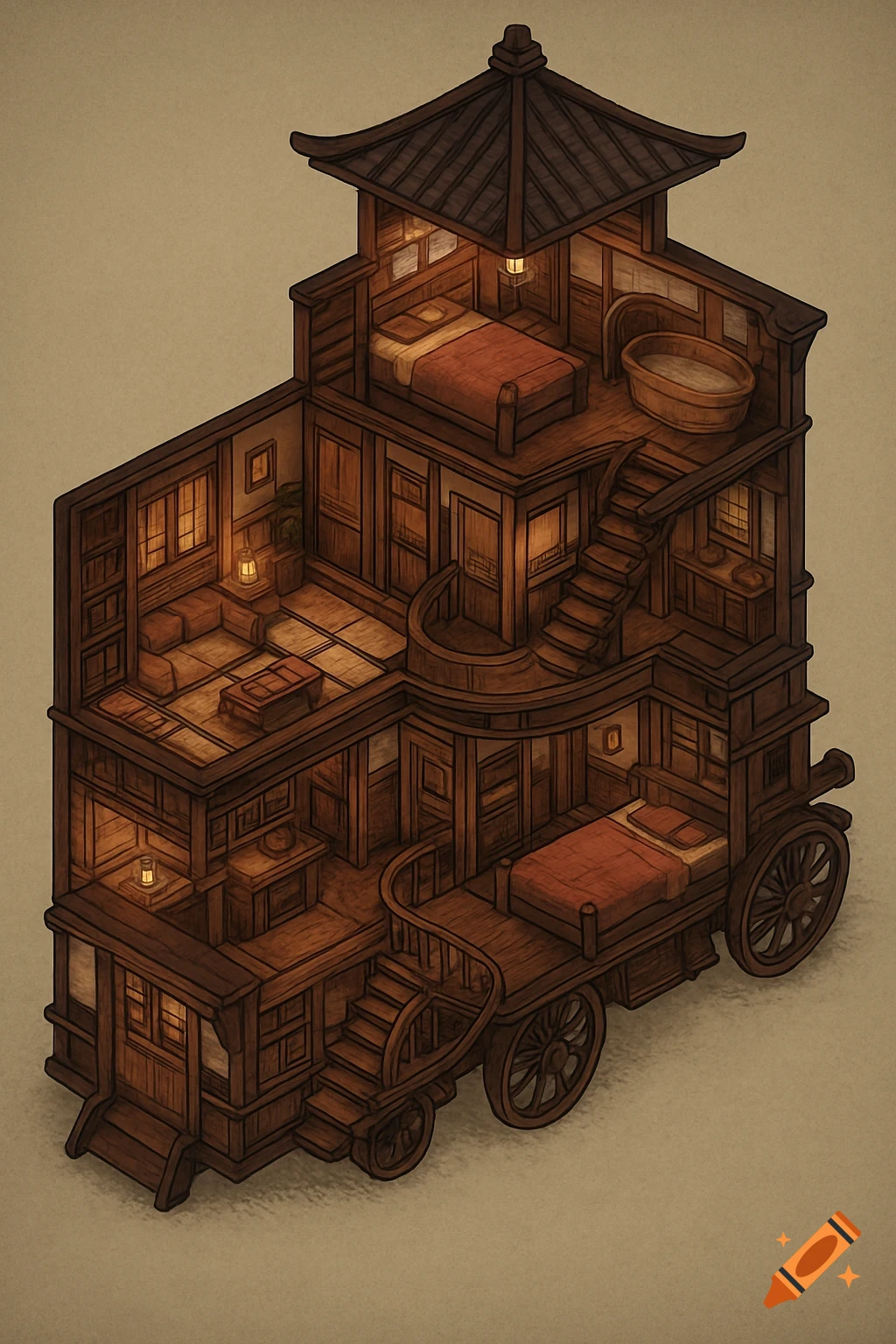 An isometric cutaway view of a three-level wooden Japanese-themed wagon with multiple rooms, including bedrooms, a sitting area, kitchen, and bathroom. Lanterns glow warmly inside.