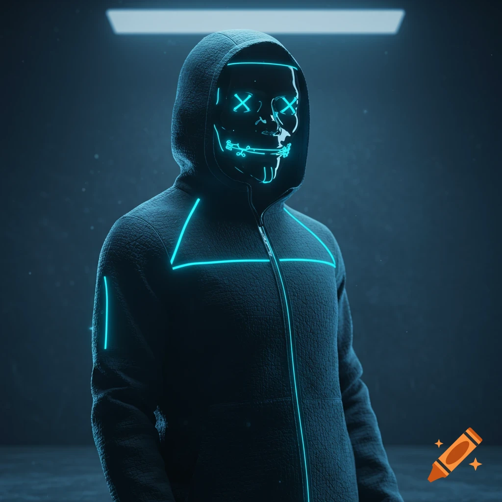 A masked figure in a dark hooded jacket with neon blue glowing lines, standing in a dim, futuristic setting.
