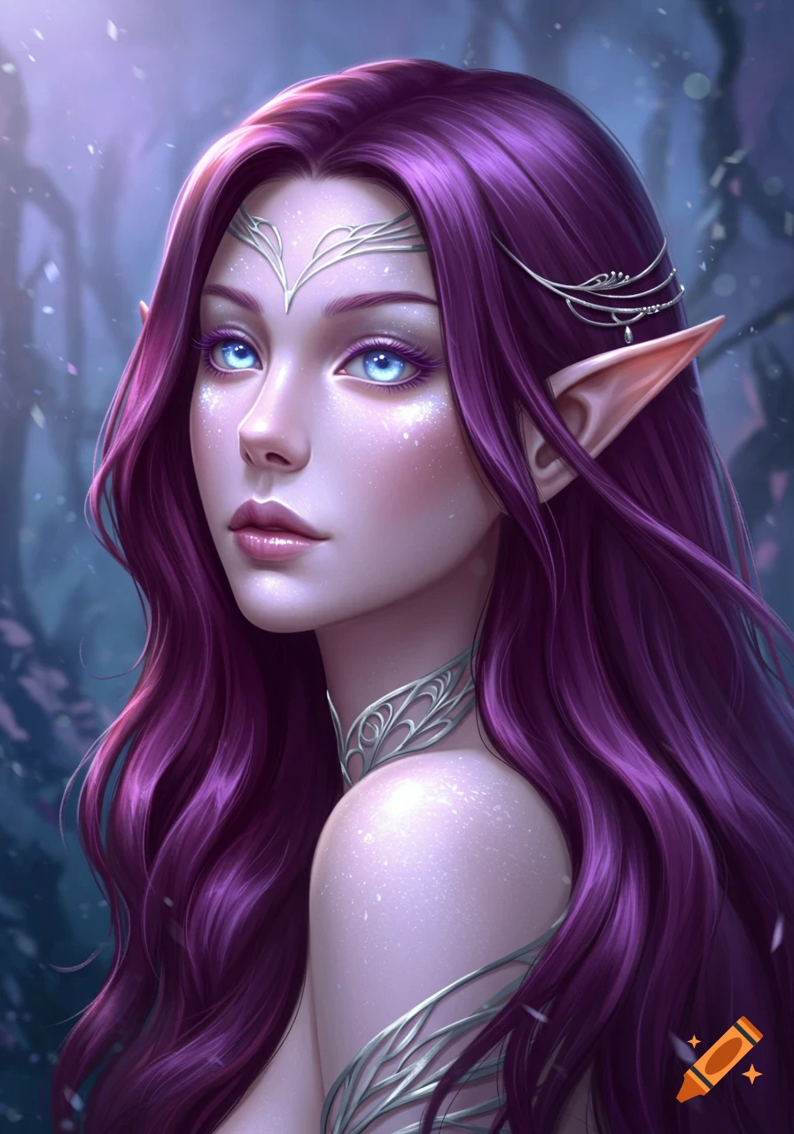 A digital painting portrait of a pale elven woman with long purple hair, blue eyes, and silver adornments, set in a mystical forest.