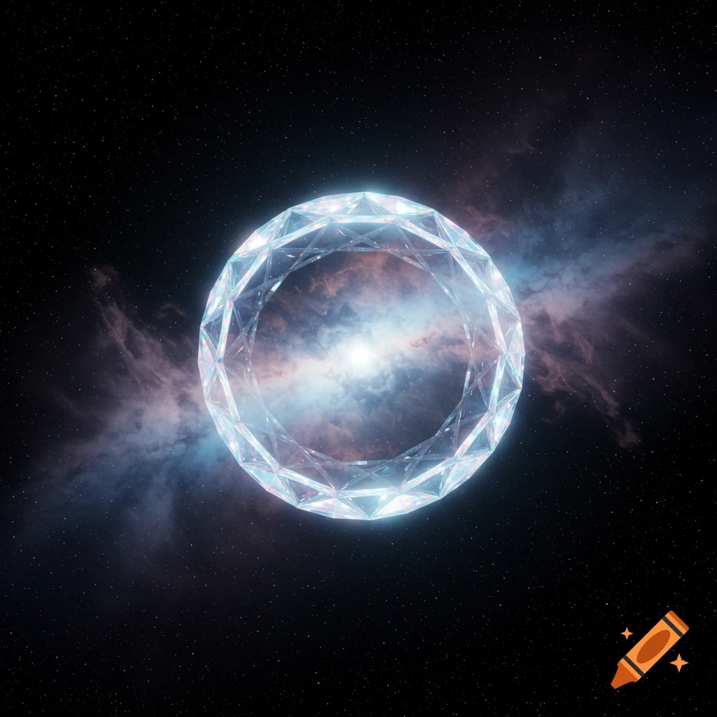 A faceted, glowing, circular object floats in deep space amidst stars and a swirling nebula.