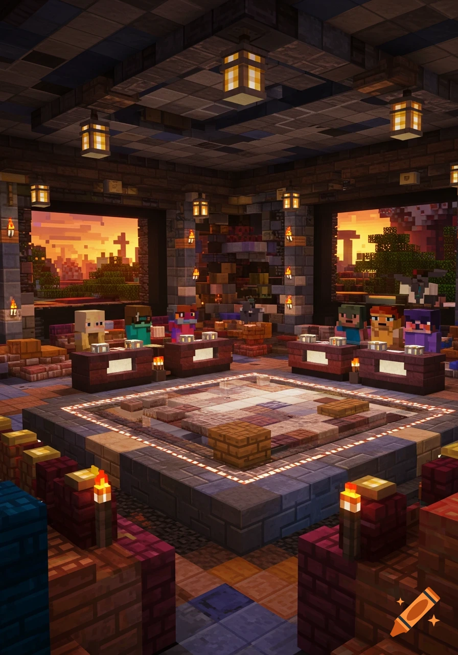A Minecraft-style game show set with blocky characters at desks, a central stage, and sunset views through large windows.