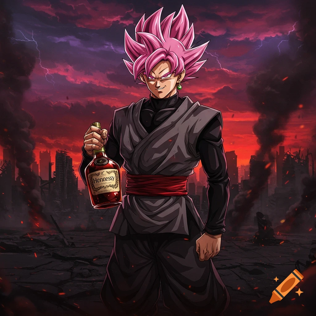 Anime character Goku Black with pink hair holding a bottle of Hennessy against a destroyed city background.