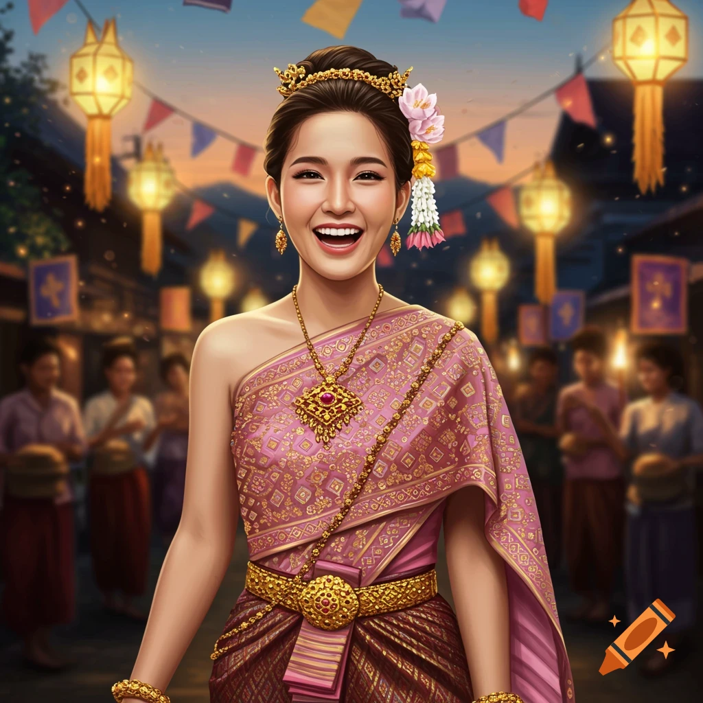 A smiling Thai woman in traditional pink and gold attire stands in a festive street with glowing lanterns and banners.
