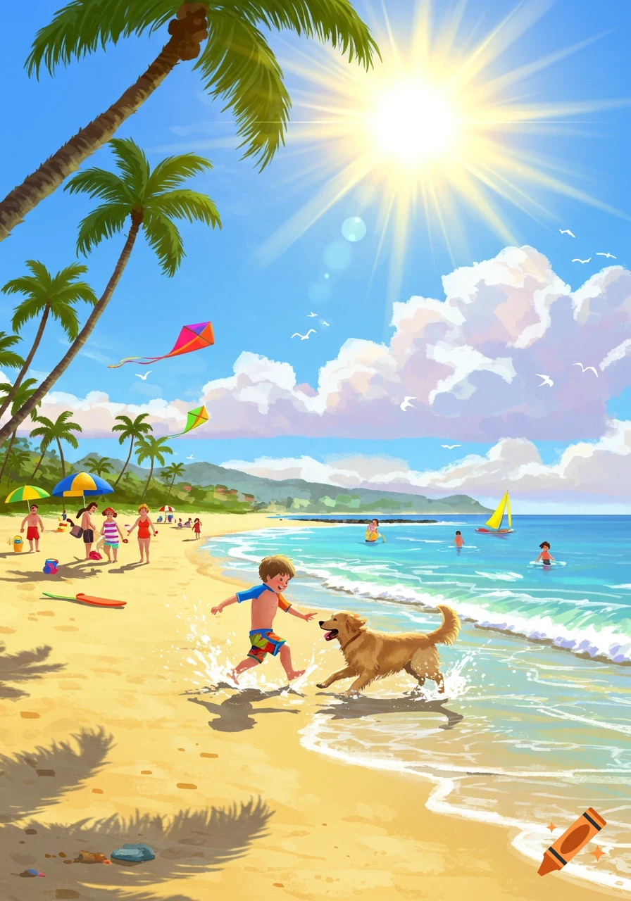 Vibrant illustration of a sunny beach with palm trees. A boy plays with a golden retriever in the water, while other people relax and swim.