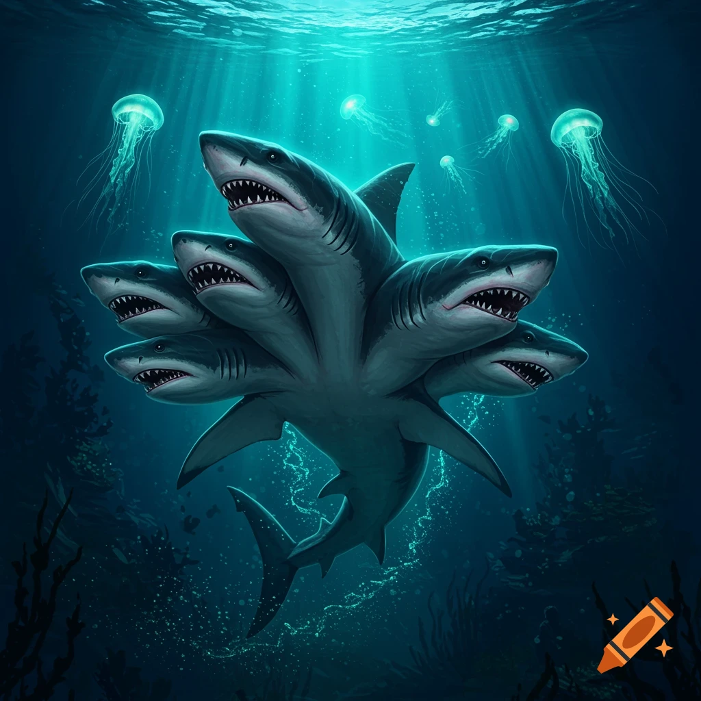 An illustration of a large shark with six heads swimming underwater, surrounded by glowing jellyfish and shafts of sunlight.