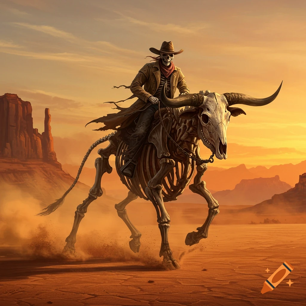 A skeleton cowboy in a duster coat and hat rides a skeleton bull through a dusty desert at sunset.