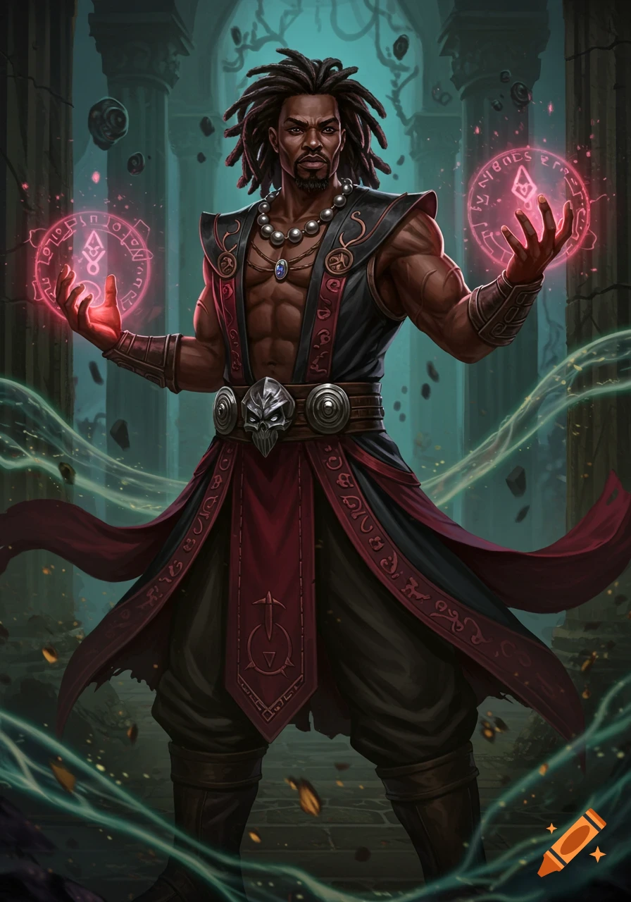 A powerfully built, dark-skinned male sorcerer with dreadlocks and a goatee, wearing black and red robes, casting a red magic spell in ancient ruins.