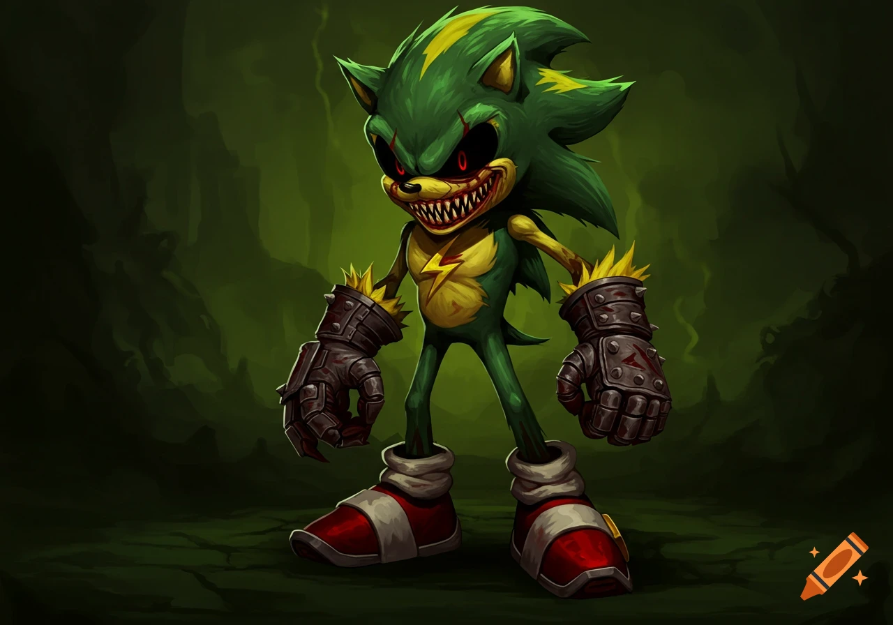 A monstrous, green and yellow hedgehog-like creature with sharp teeth, red eyes, and spiked gauntlets stands against a dark green background.