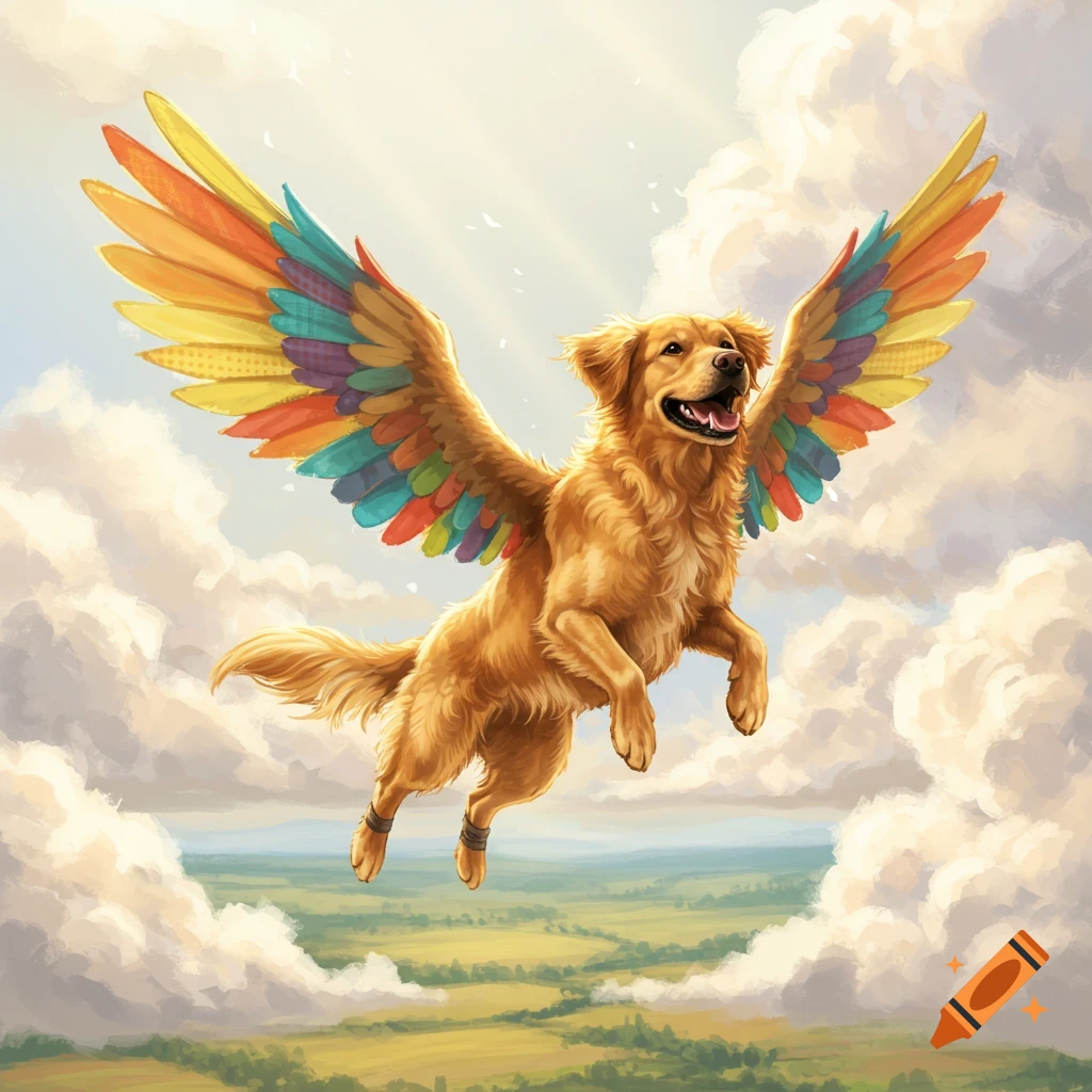 A golden retriever with large, colorful rainbow wings flies high in a cloudy sky over a green landscape in an illustrative style.