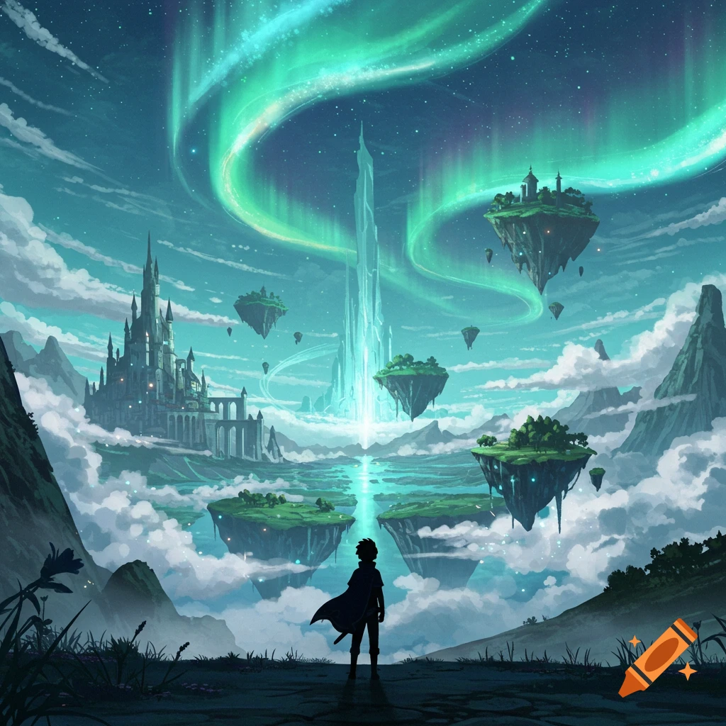 A lone figure stands on a cliff overlooking a vast fantasy landscape with a towering castle, floating islands, and a central glowing spire under an aurora-filled sky.