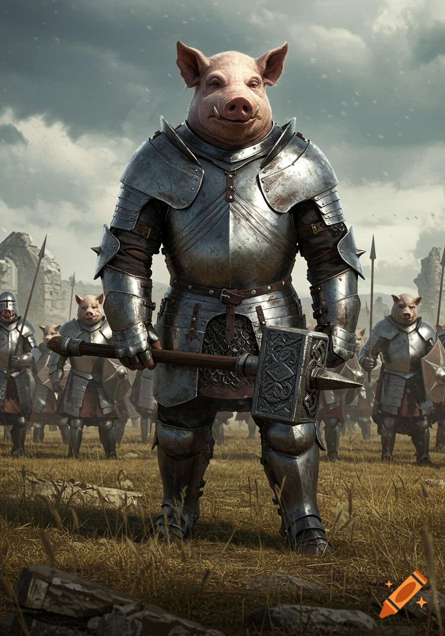A massive pig knight in full plate armor stands holding a warhammer, leading an army of pig knights on a grassy battlefield under a cloudy sky.