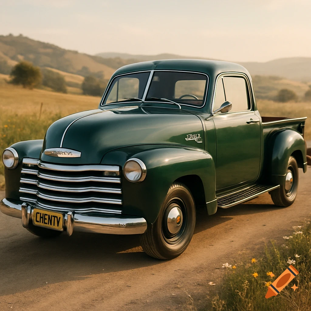 A dark green vintage pickup truck is parked on a dirt road in a sunny, rolling golden field landscape with hills in the background.
