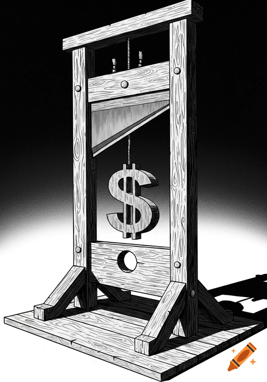 A stark black and white drawing depicts a guillotine with a large dollar sign serving as its heavy blade.