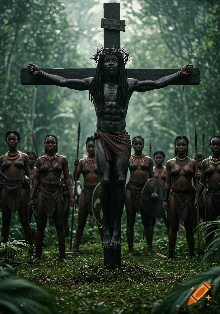 A Black man with dreadlocks and a crown of thorns is crucified on a wooden cross in a lush jungle, with Black warrior women holding spears and shields standing behind him. The scene is photorealistic and dramatic.