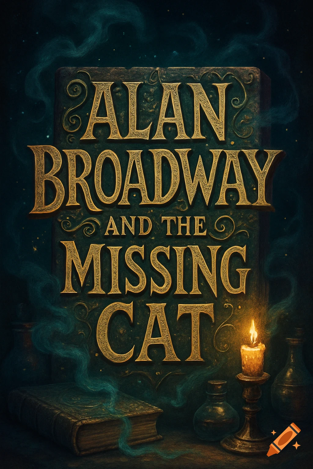 An ornate, dark green book cover with embossed gold lettering that reads 'ALAN BROADWAY AND THE MISSING CAT'. A lit candle and wisps of green smoke are at the bottom.