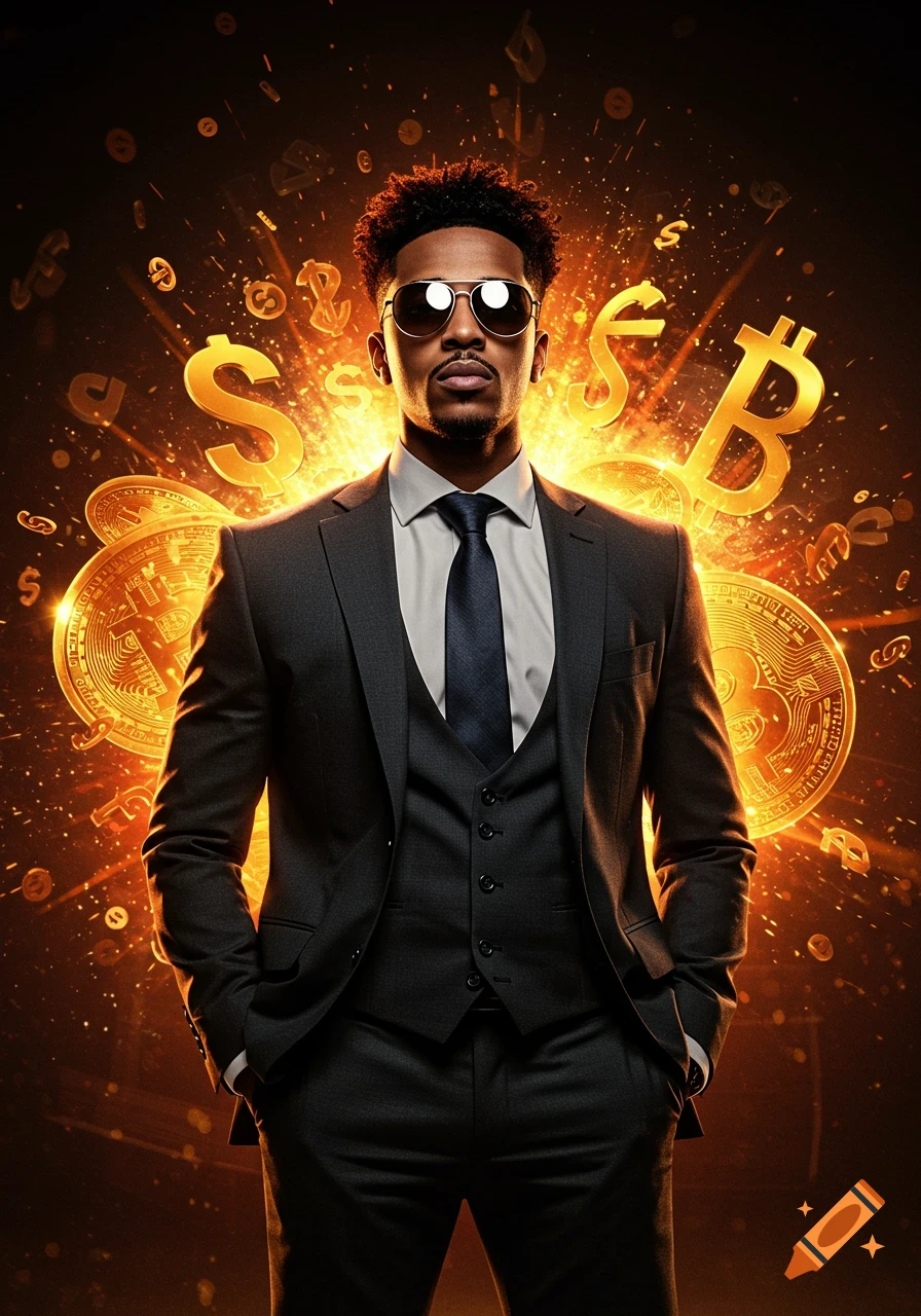 A confident man in a suit and sunglasses stands amidst a golden explosion of cryptocurrency and money symbols.
