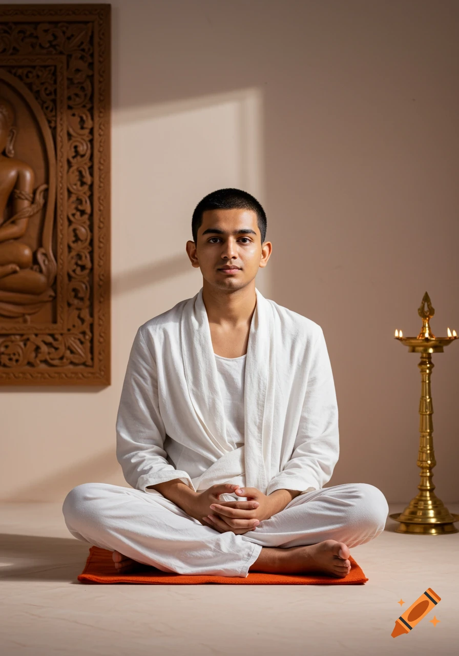 A young man with short hair sits cross-legged on an orange mat, meditating in a serene room with a carved wooden deity and a brass lamp.
