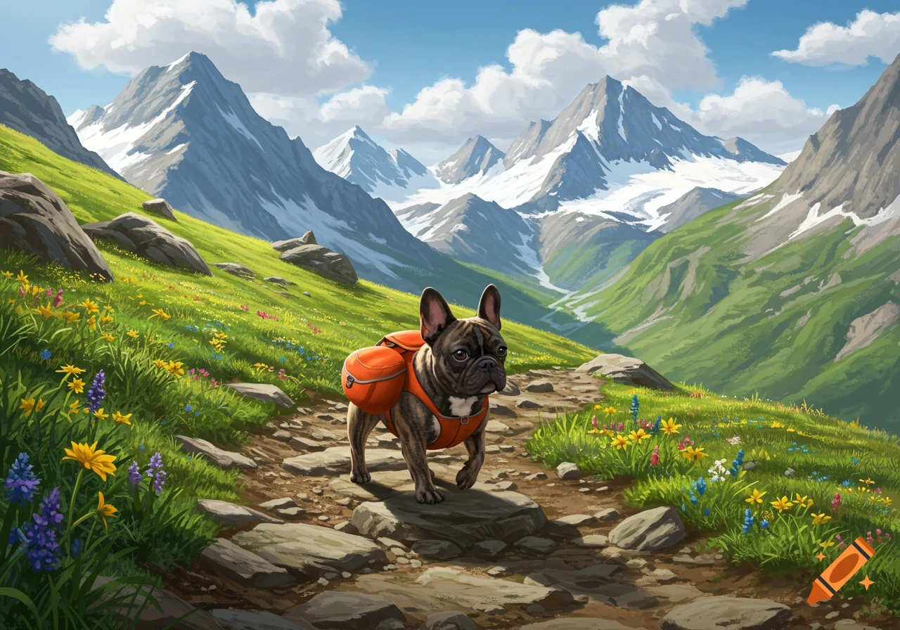 A French Bulldog wearing an orange backpack hikes on a rocky path through a vibrant green mountain valley with snow-capped peaks under a blue sky.