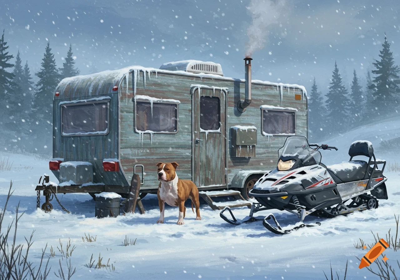 A snowy winter scene depicts an old, weathered travel trailer, a brown and white pit bull, and a snowmobile parked outside in a forest.