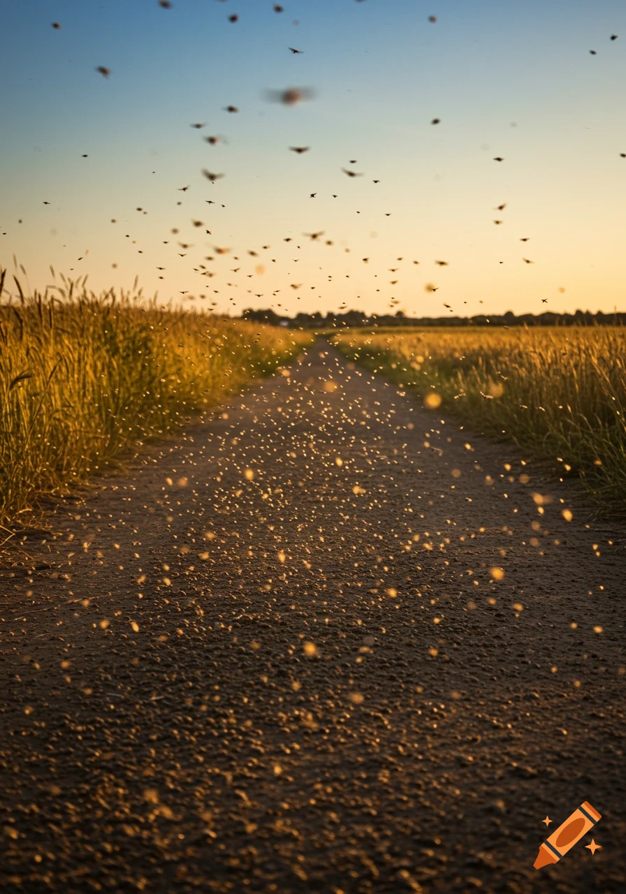 A dirt path through a golden wheat field at sunset, with numerous insects buzzing in the air and illuminated by sunlight.
