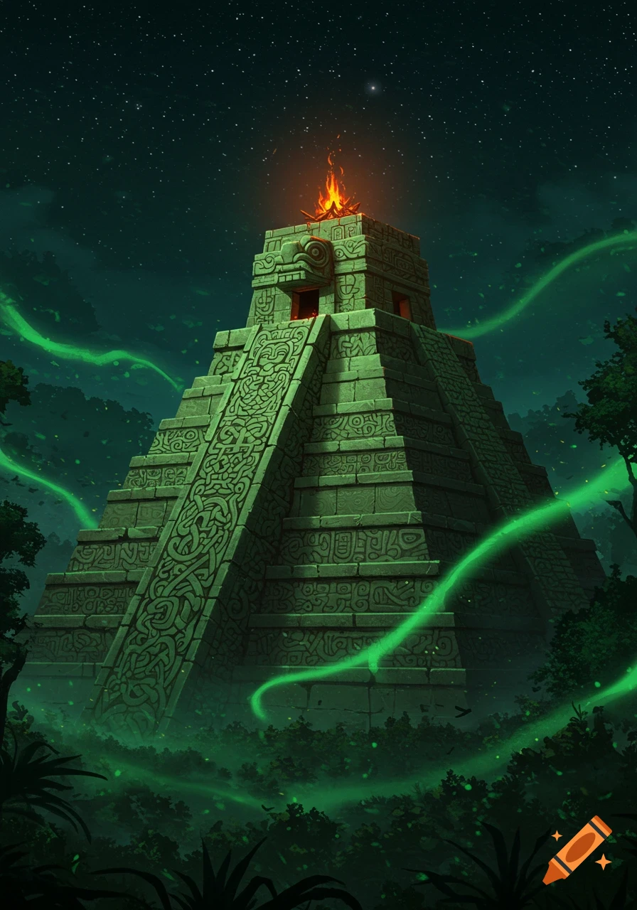 Mystical stone pyramid with a fire on top, intricate carvings, and glowing green energy trails in a dark jungle under a starry night.