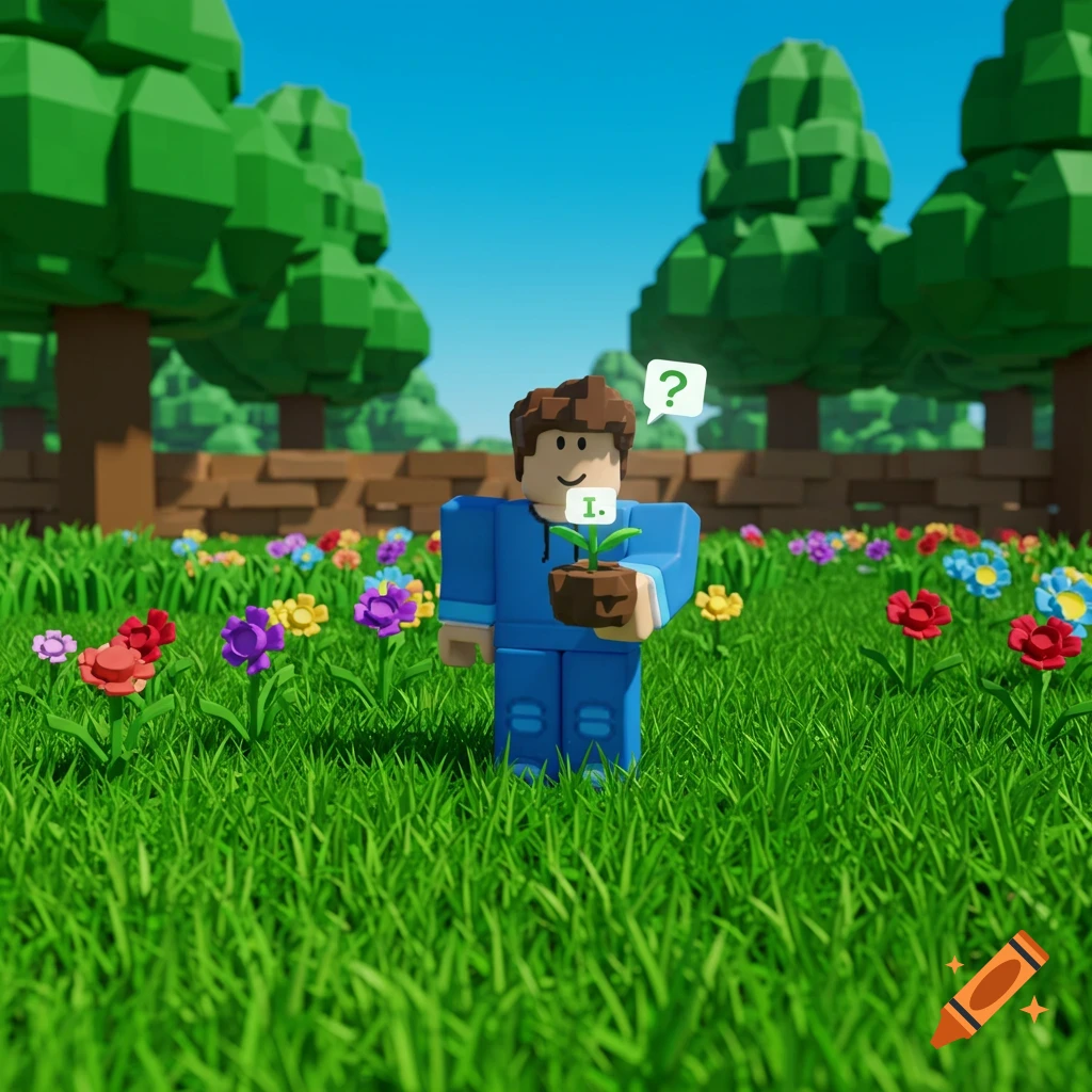 Roblox-style character in a vibrant garden, holding a potted plant with a question mark above it, cartoonish style.