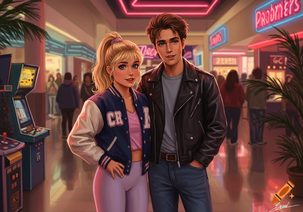 Digital painting of a young blonde woman in a letterman jacket and a young man in a leather jacket standing in a retro 80s mall with neon signs and arcade games.