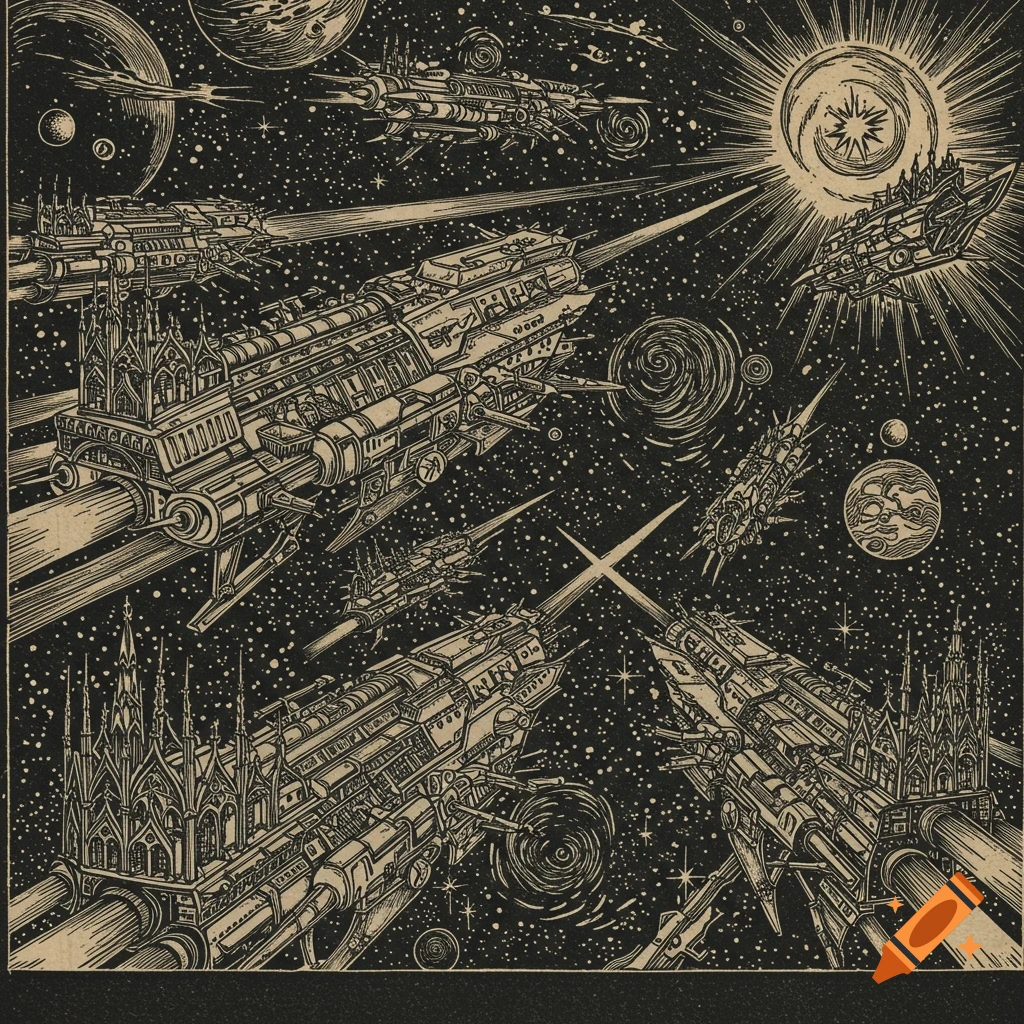Woodcut style illustration of a sci-fi fleet of spaceships with gothic architecture details, flying through space with planets and stars.