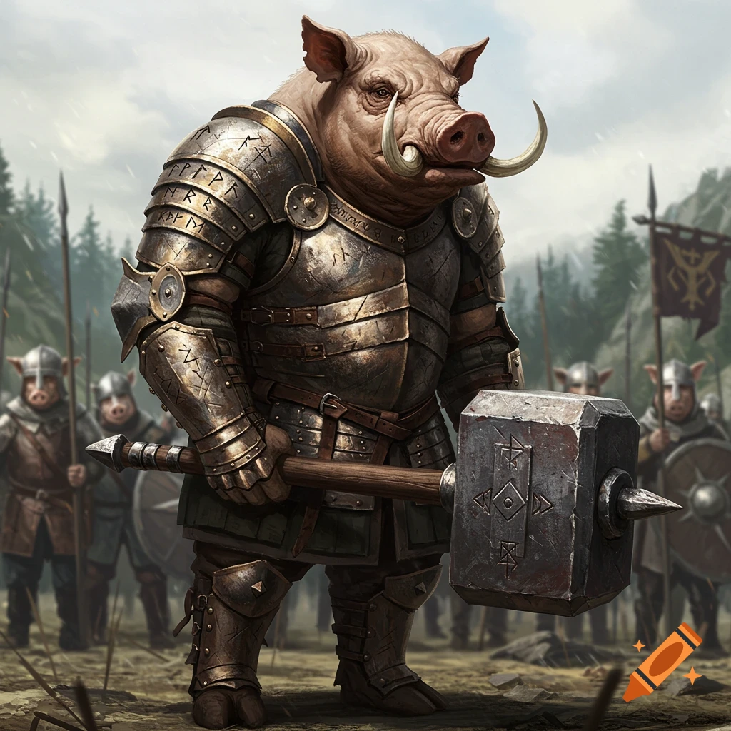 A massive war pig in full battle armor with tusks holds a large hammer, leading an army of smaller pig knights through a forest.